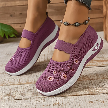 Women'S Orthopedic Walking Shoes for Nurses with Arch Support- Flower Embroidered Slip On Sneakers Featuring Breathable Knit Upper, Non-Slip Sole and Plush for All Day Comfort on Shift