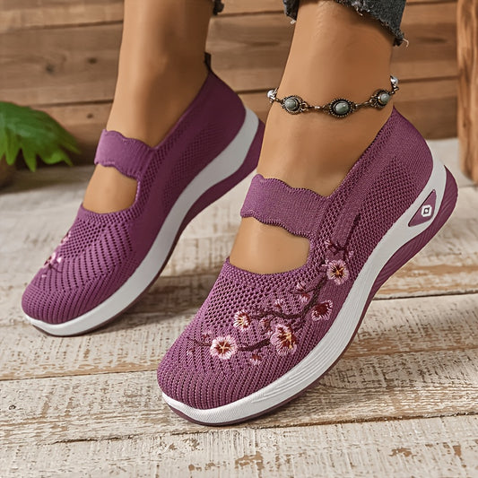 Women'S Orthopedic Walking Shoes for Nurses with Arch Support- Flower Embroidered Slip On Sneakers Featuring Breathable Knit Upper, Non-Slip Sole and Plush for All Day Comfort on Shift
