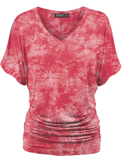 Women's Short Sleeve V Neck Tie-Dye Dolman Top w/Side Shirring