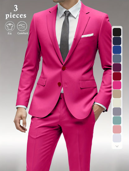 Men's Solid Color Complete 3pcs Suit Set Slim Fit Modern Tailored for Weddings Business Graduation Father's Day Gifting Express Delivery