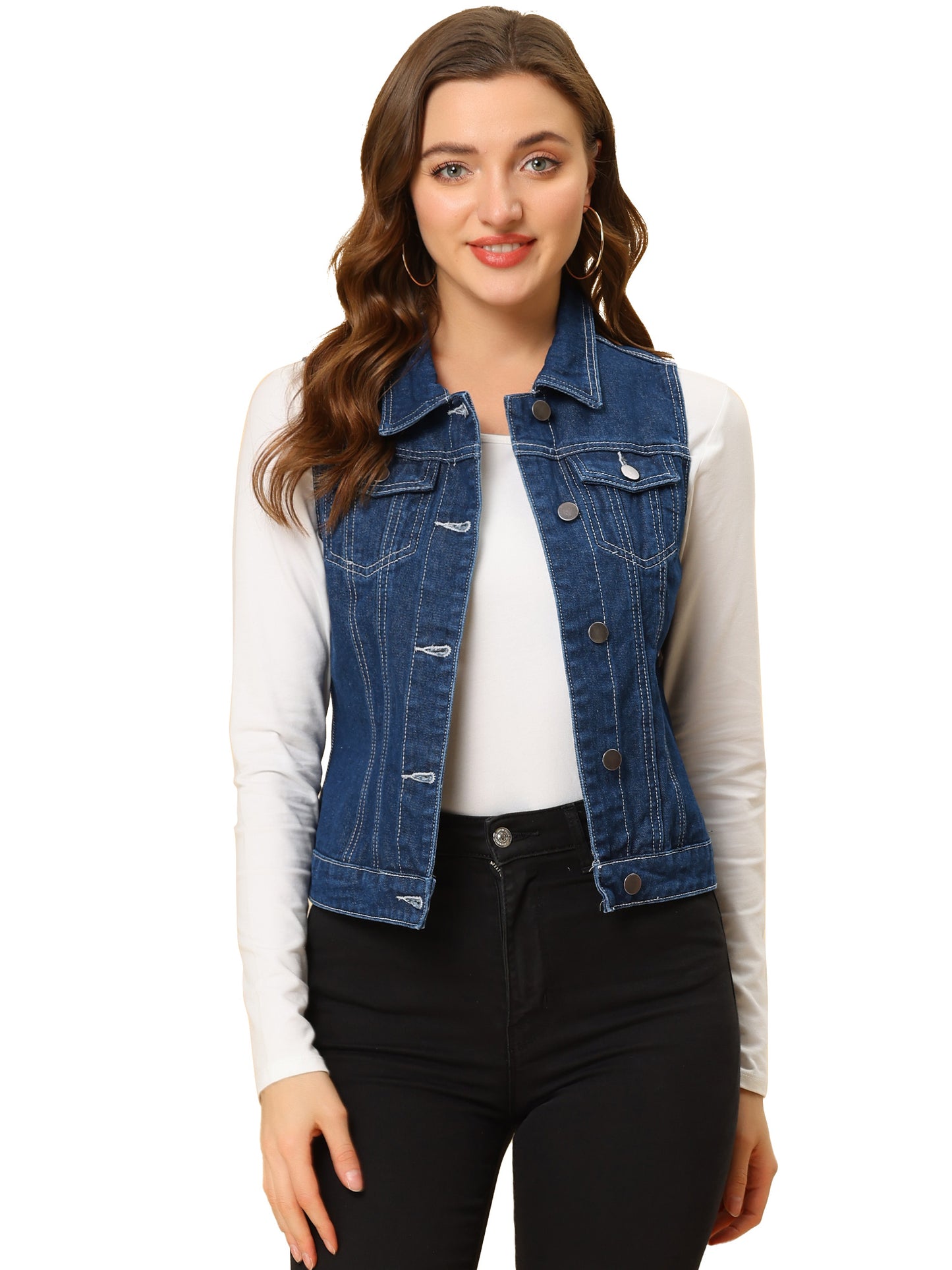 Women's Buttoned Washed Denim Vest Jacket W Chest Flap Pockets