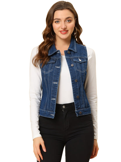 Women's Buttoned Washed Denim Vest Jacket W Chest Flap Pockets