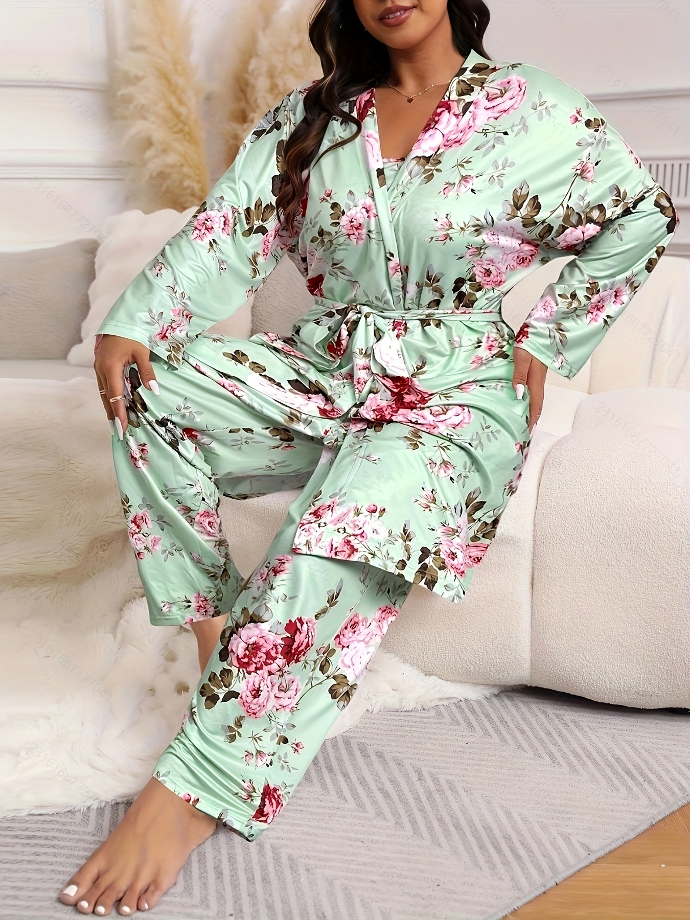Large Size Women'S Flower Print Cami Top & Long Pants & Long Sleeve Robe 3pcs Elegant Casual Pajama Set