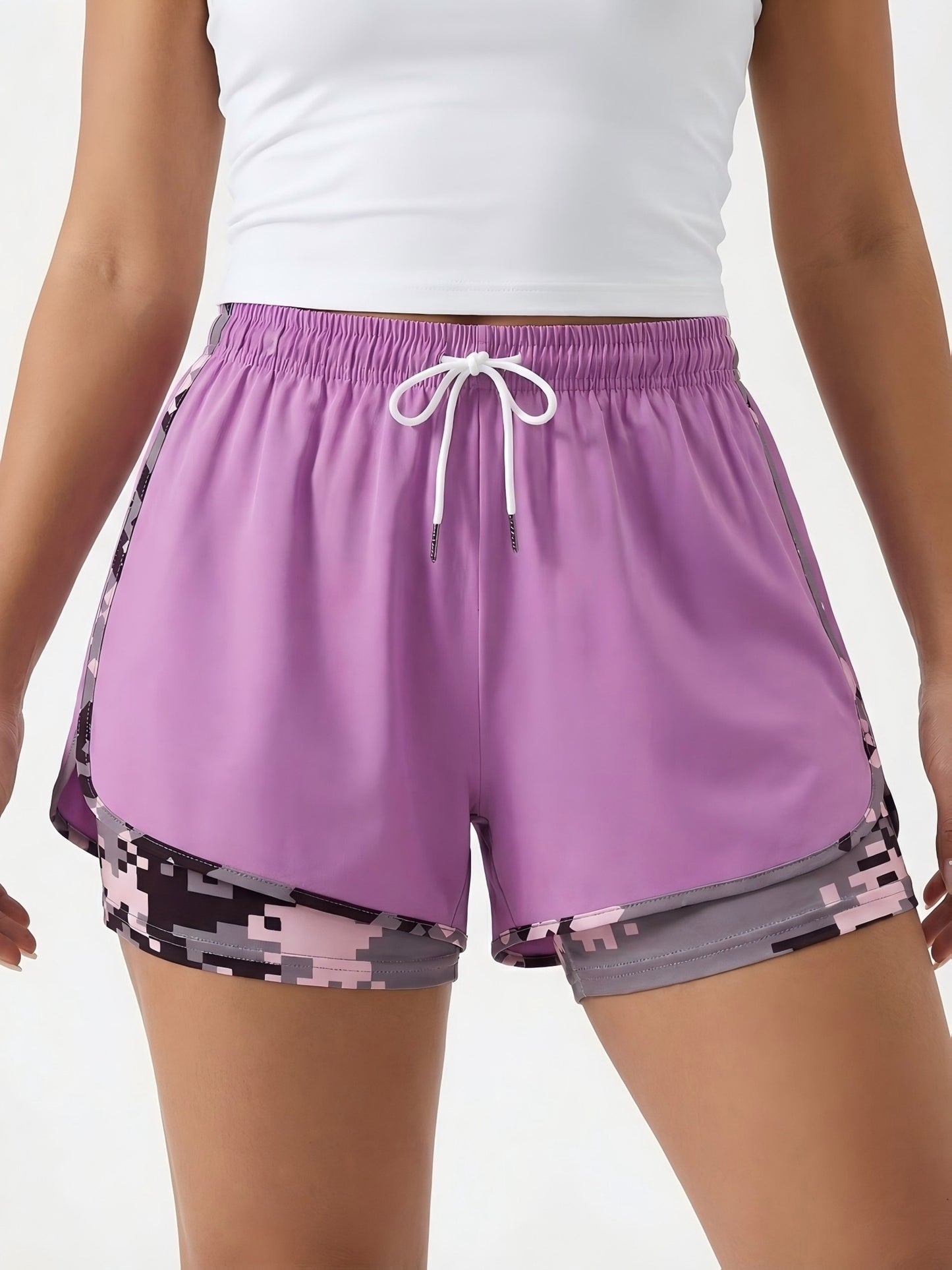 Three Pairs Of Women'S Summer Shorts, Double-layered, Two-in-one Design With Camouflage Pattern, Breathable And Quick-drying, Side Mesh Pockets, Non-stretch Fabric, Regular Fit, Side Pockets, And Casual Style, Free Bracelet Included.