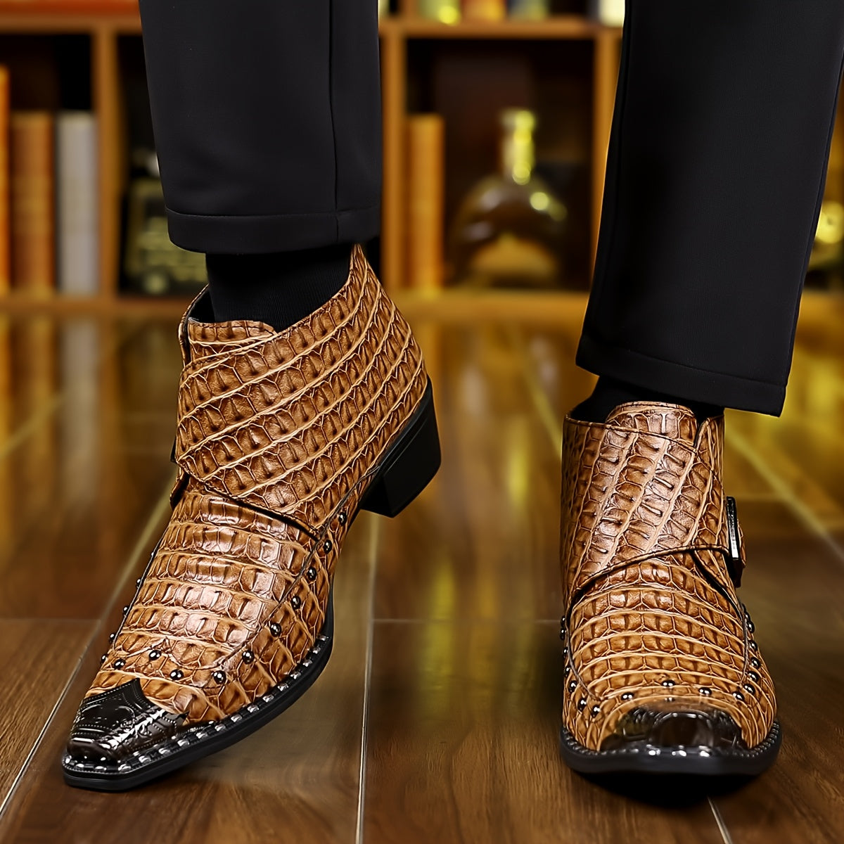 [Party & Retro Wear] Men's Crocodile Embossed Faux Ankle Boots - Western Style Pointed Toe Studded Buckle Heeled Boots For Party & Retro Wear