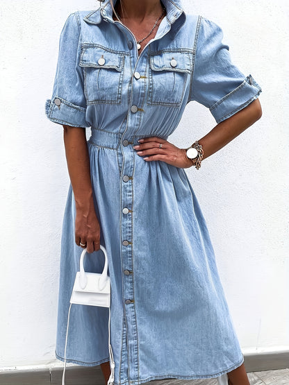 [Denim Shirt Dress] Women's Denim Shirt Dress with Collar, Short Sleeved Waist, A-Line Jeans, And Pocket Dress