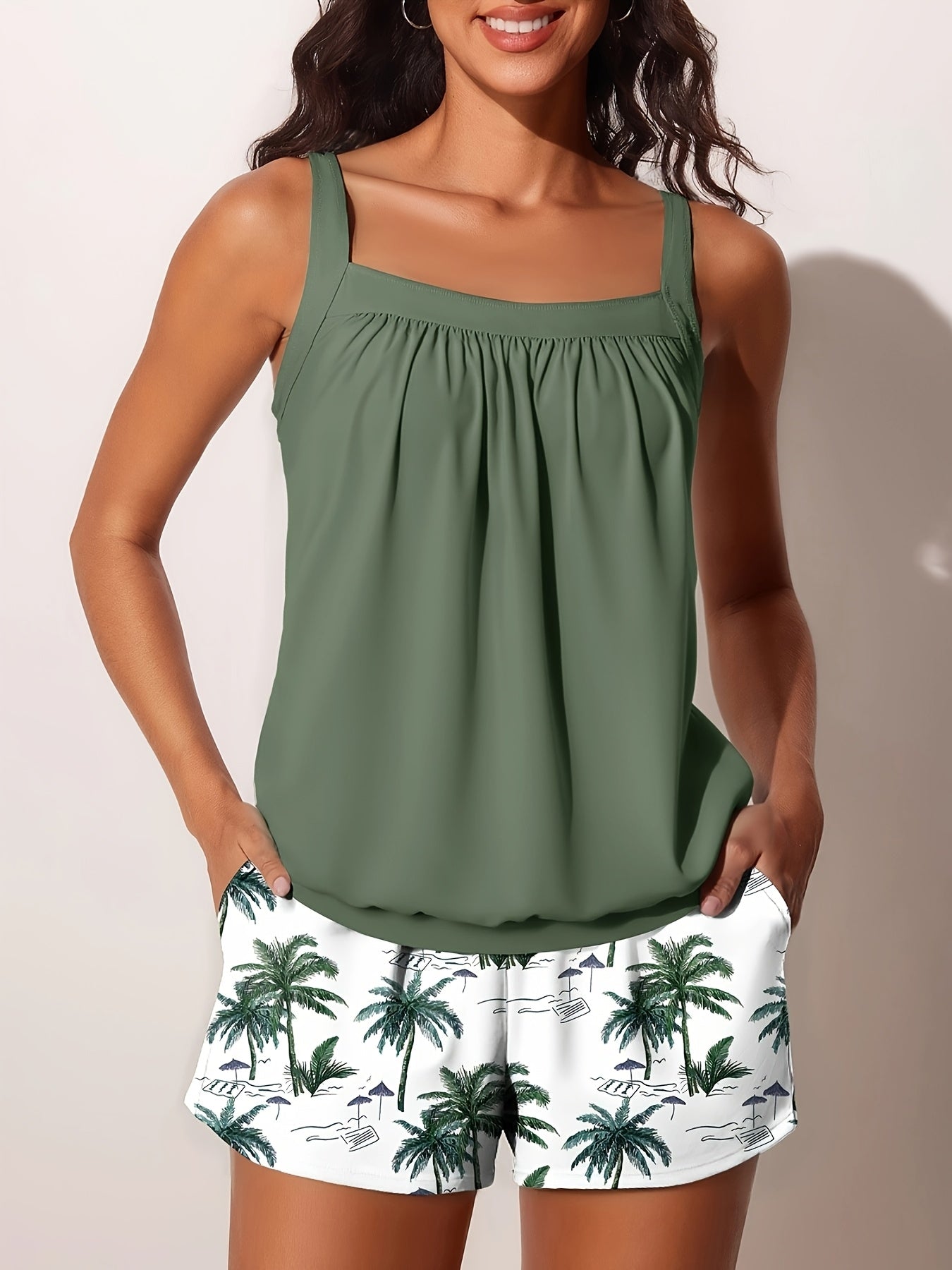 Modest Tummy Control Blouson Women'S Tankini Swimsuits Bathing Suits Swim Shorts With Pockets For Beach