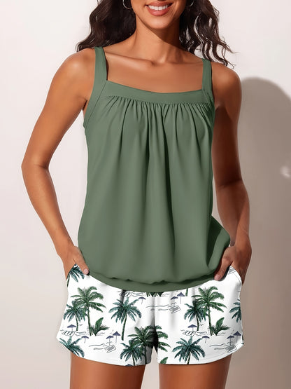 Modest Tummy Control Blouson Women'S Tankini Swimsuits Bathing Suits Swim Shorts With Pockets For Beach