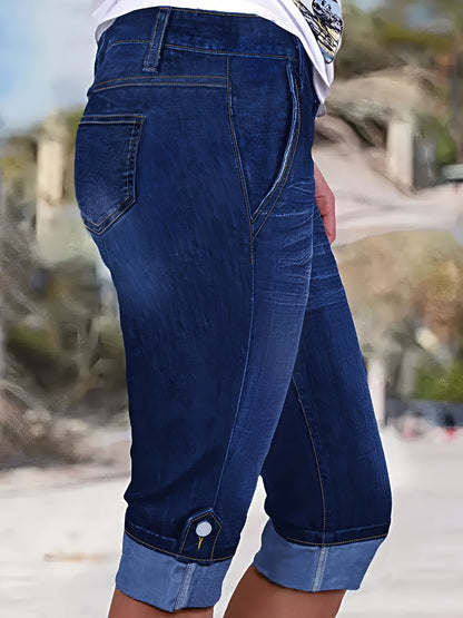Women'S Plus Size Denim Blue Cropped Jeans | High Waisted Cuffed Hem with Front Pockets, Ankle Decor Buttons, Single Button & Zipper Fly, Street Trendy Casual for Spring/Summer/Fall Wear