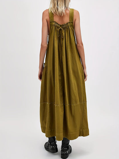 [Loose Midi Dress] Women's Loose Adjustable Strap Midi Overall Dress with Big Pockets in Workwear Style