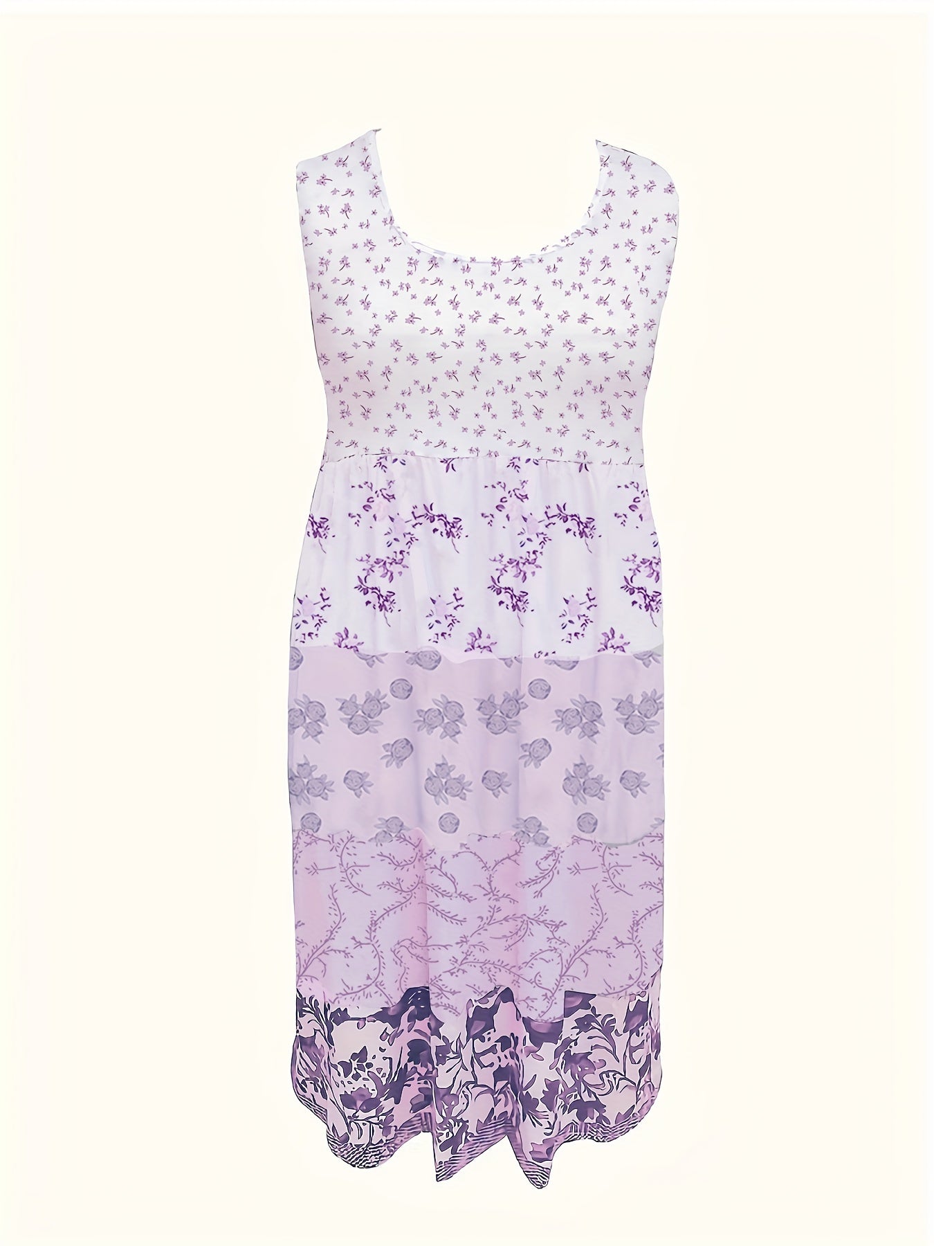[Floral Print Vest Dress] Plus Size - Plus Size - Plus Size Floral Print Elegant Vest Dress - Sleeveless Round Neck Midi Dress in Vacation Style, Perfect for Women's Casual Outings