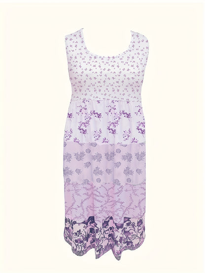 [Floral Print Vest Dress] Plus Size - Plus Size - Plus Size Floral Print Elegant Vest Dress - Sleeveless Round Neck Midi Dress in Vacation Style, Perfect for Women's Casual Outings
