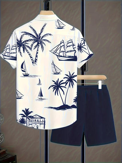 2pcs Summer Casual Daily Men's Shirt Shorts Set, Hawaiian Print Pattern, Suitable Outdoor Sports, Men's Beach Shorts Casual Round Neck Short Sleeve Shirt T-Shirt and Elastic Waistband Shorts, Ted Polyester Fabric, Washable