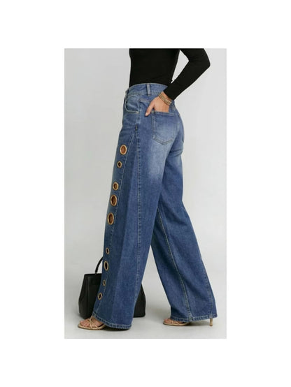 [Casual High-Waisted Jeans] New Women's Jeans 2026 with Metallic Eye Design - Casual Loose High-Waisted Wide Pants for Women