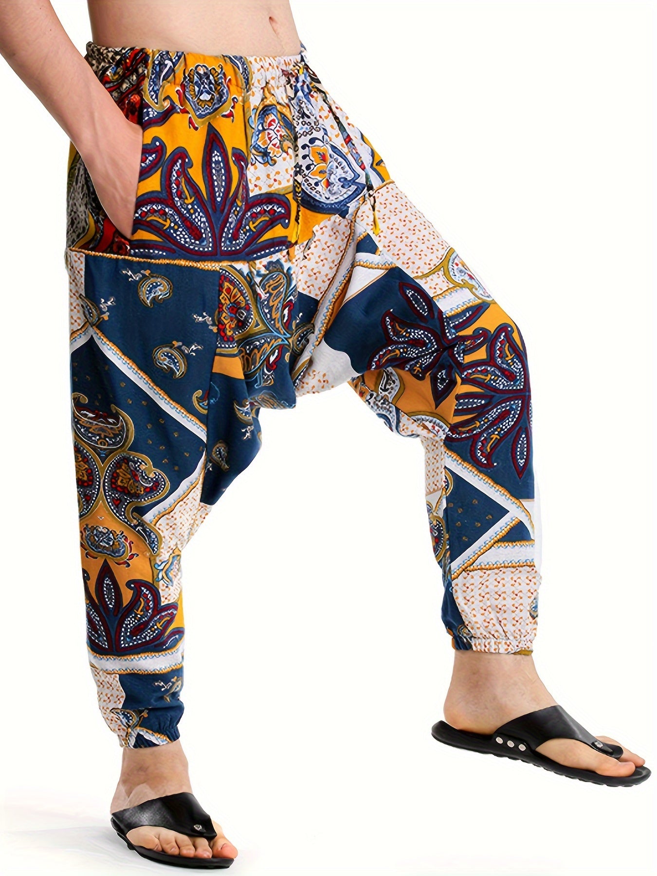 Men'S Stylish 100% Loose Colorful Fans Pattern Pants with Pockets, Casual Breathable Comfy Trousers for City Walk Street Hanging Outdoor Activities