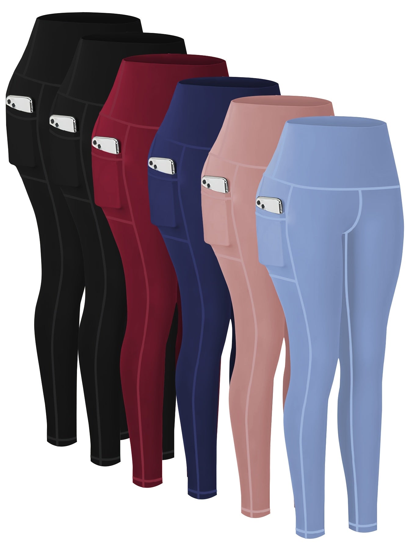 Plus Size 6pcs Set Women's Pockets Yoga Pants, Fitness Running Compression Leggings Butt Lift High Waisted Tummy Control Slimming Yoga Pants WithPockets, Workout Running