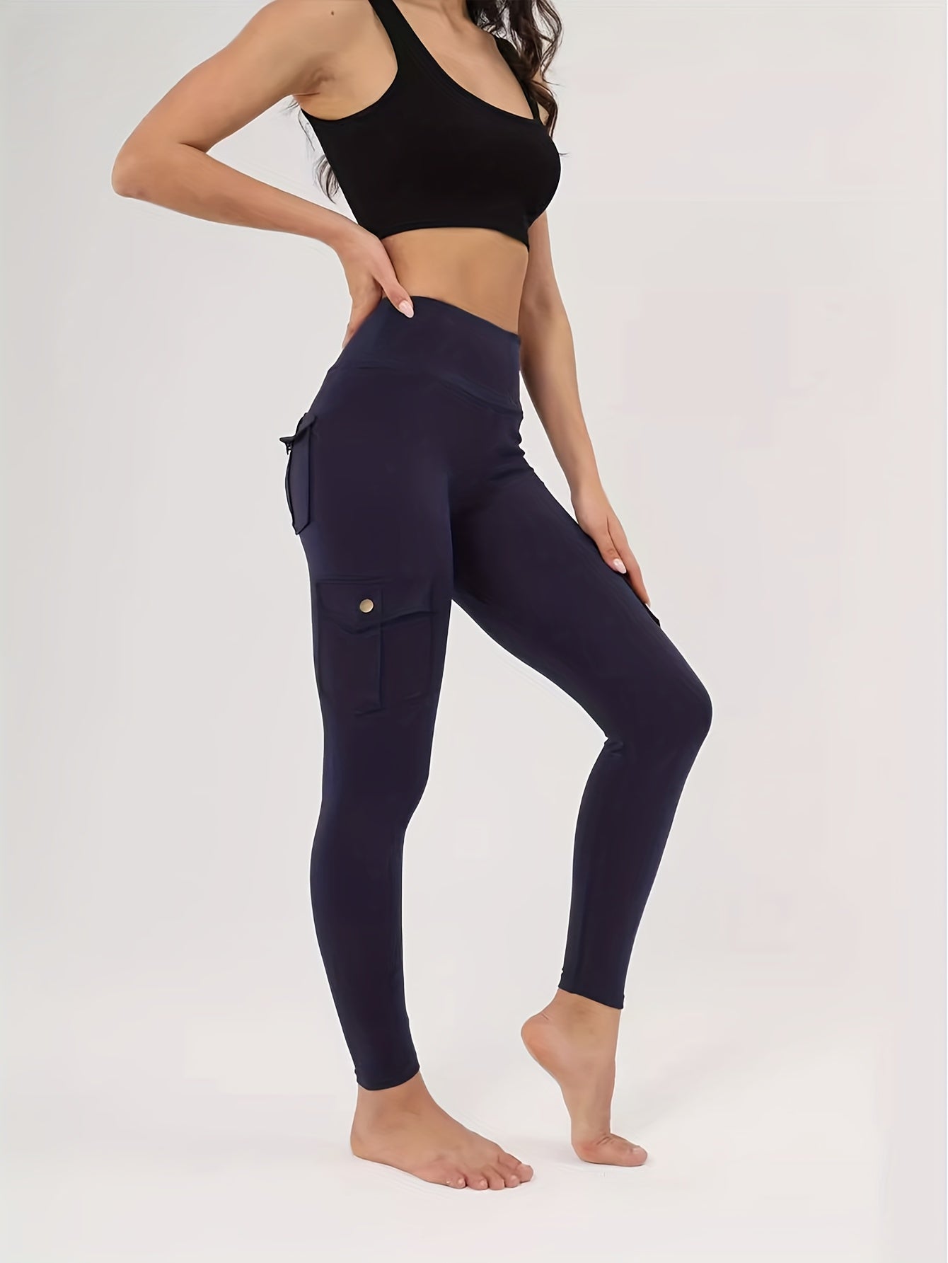 1pc High-Waisted Cargo Pocket Yoga Pants, Stretchy Skinny Sports Leggings, Quick-Dry Running Workout Pants, Butt Lifting, Street Style, Women's Fitness Trousers