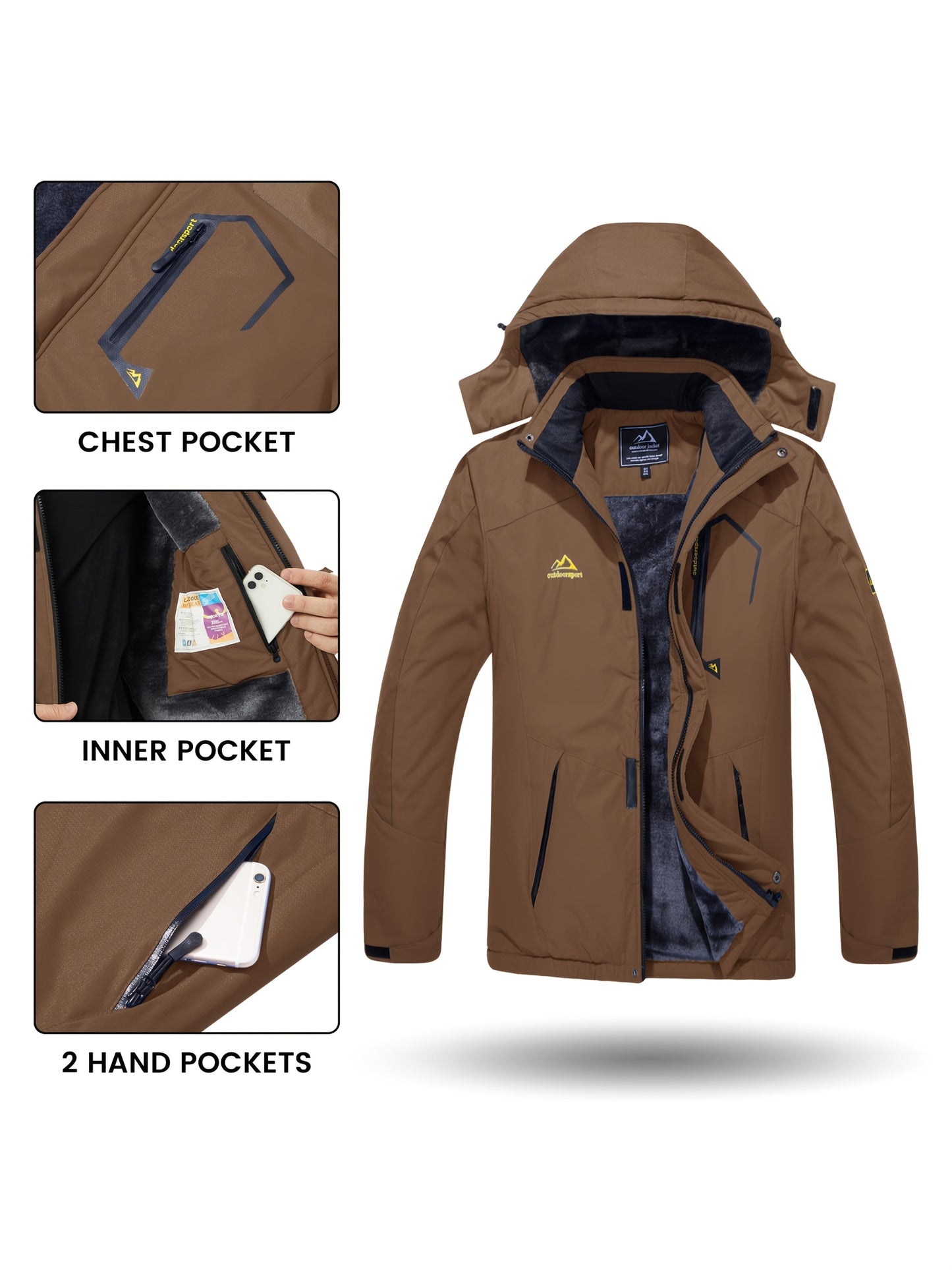 Men'S Winter Ski Jackets Warm Fleece Lined Coats Waterproof Windproof Hooded Thermal Outdoor Parka Thick Sport Hiking Jogging Camping Fishing Climbing Traveling Skiing Snowboarding Casual Windbreaker
