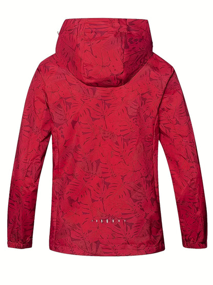 Women's Lightweight Windproof Hooded Jacket - Casual Zip-Up Outdoor Raincoat with Tropical Leaf Print, Removable Hood & Adjustable Cuffs for Spring Summer Fall,, Travel, Camping, Camping Gear, Apparel, Durable Zipper Closure