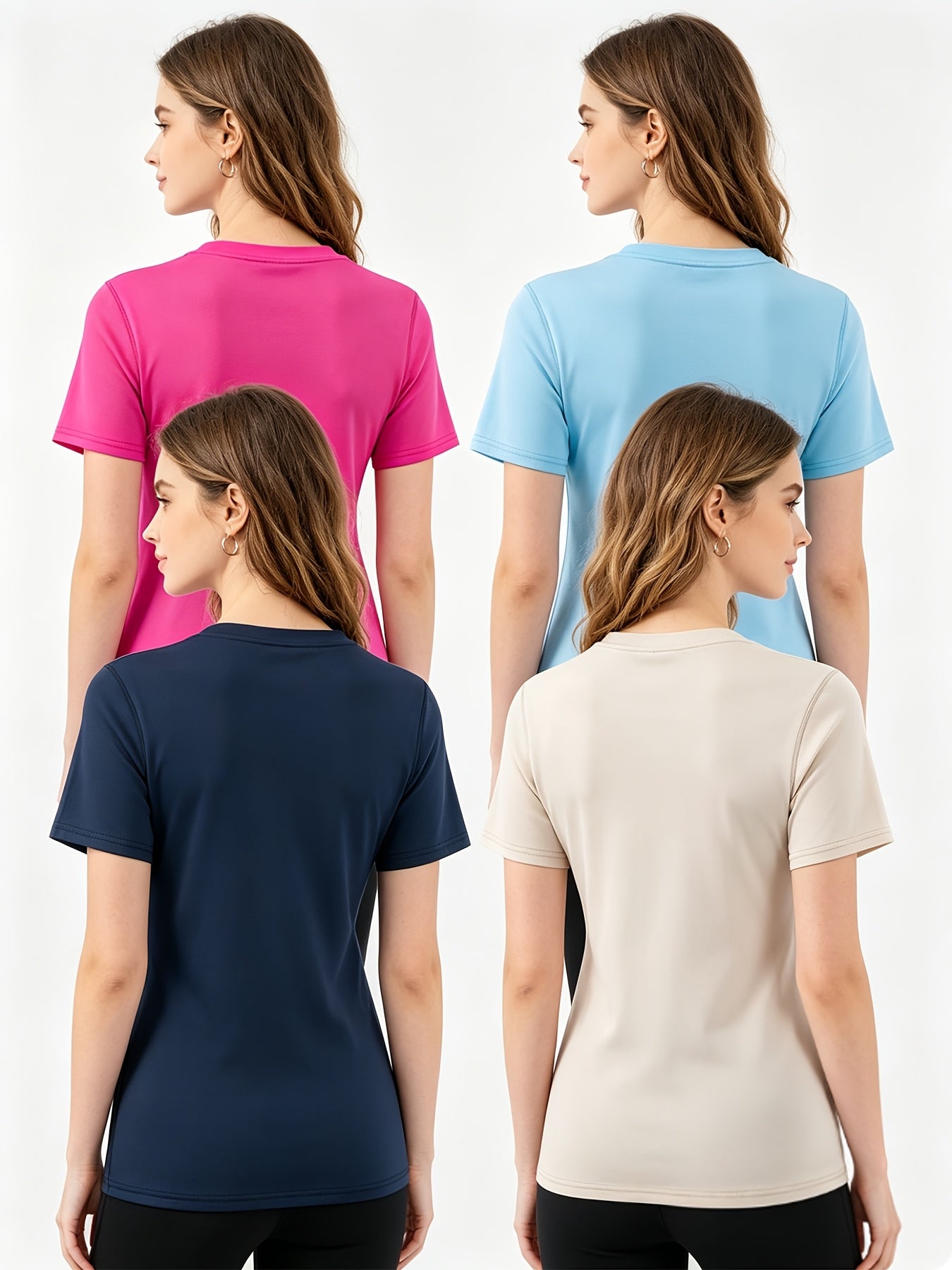 4pcs Women's Barely There Sports T-Shirts V-Neck, Pullover Short Sleeve Tops, Stretchy, Quick-Dry, Breathable, Soft for Workout, Fitness, Running, Yoga, Pilates