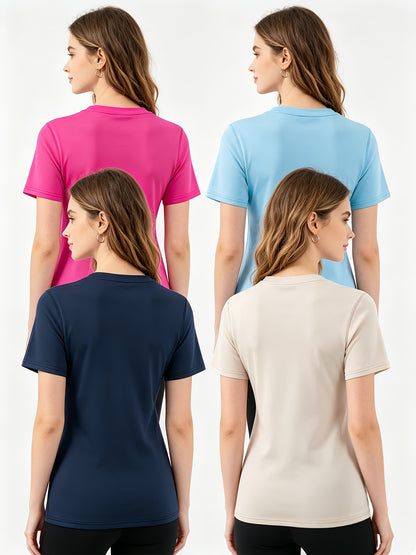 4pcs Women's Barely There Sports T-Shirts V-Neck, Pullover Short Sleeve Tops, Stretchy, Quick-Dry, Breathable, Soft for Workout, Fitness, Running, Yoga, Pilates