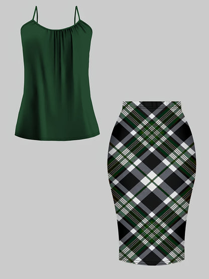 Women'S Retro Irregular Hem Three-Quarter Sleeve Cardigan + Black Camisole and Plaid Bodycon Skirt Three-Piece Set - Spring/Autumn Commuter and Party Outfit