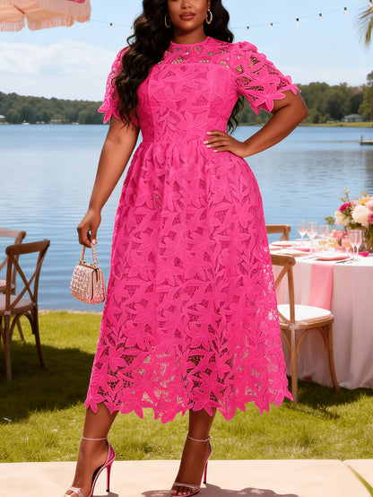 Plus Size - Plus Size - Plus Size Round Neck Lace Dress, Elegant Midi Length with Waist Definition, Formal Banquet And Evening Gown