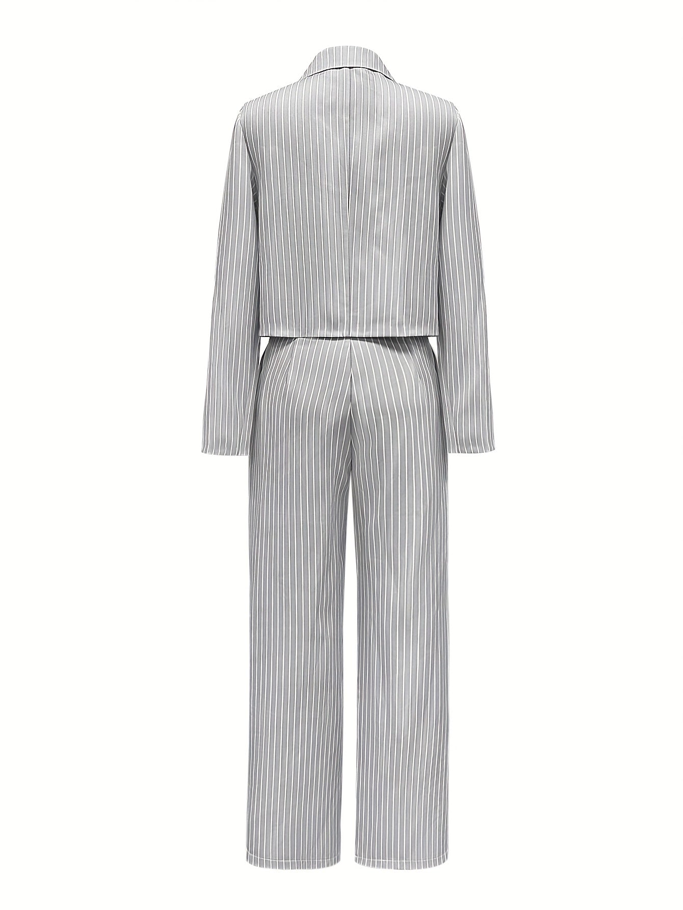 Women'S Elegant Striped Two-Piece Suit - Casual Business Attire, White And Gray, Perfect for Spring/Fall, Casual Business Attire|Striped Pattern|