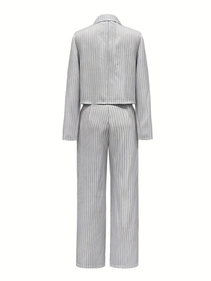 Women'S Elegant Striped Two-Piece Suit - Casual Business Attire, White And Gray, Perfect for Spring/Fall, Casual Business Attire|Striped Pattern|