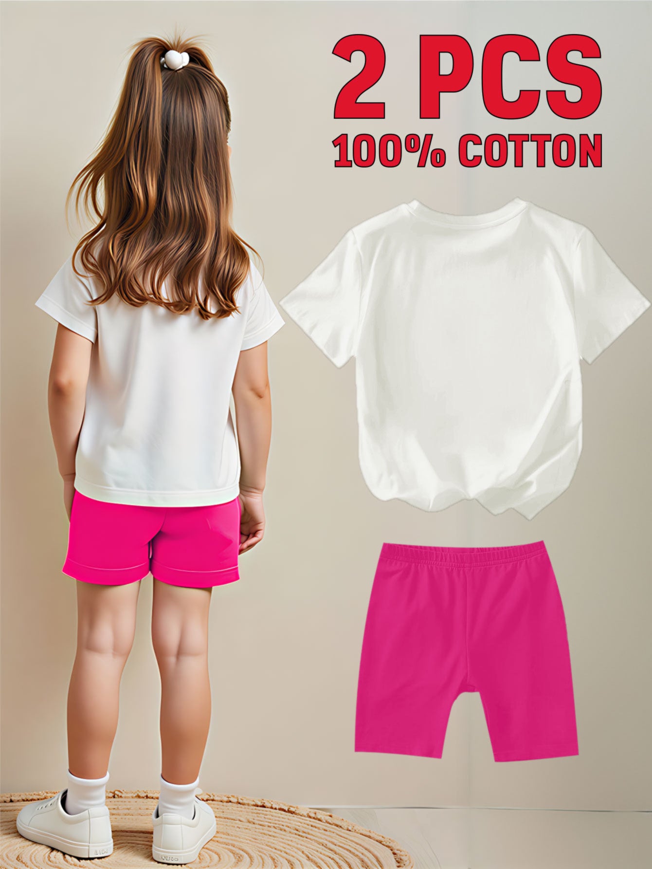 Girls' White Cotton Short-Sleeve Shorts - product view 5