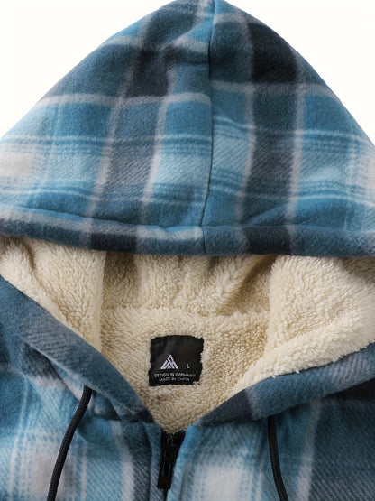 Men's Heavyweight Sweater Hooded Jacket - Full Zip Thick Snow Mountain Lined Flannel Plaid Shirt with Pockets, Casual Style, Perfect for Autumn and Winter, Hooded Collar, Regular Fit, Plaid Pattern, Men's Jacket