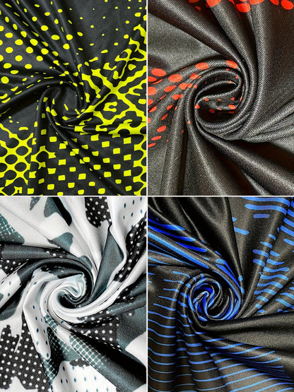 4pcs Men's Quick-Dry Athletic Compression Shirts - Breathable Moisture-Wicking Long Sleeve Tops with Vibrant Tropical Print (Black/White Polka Dot, Blue/Black Gradient, Yellow/Camo, Red/Black Geometric) for Running, Basketball, Cycling, Gym & Outdoor Spor
