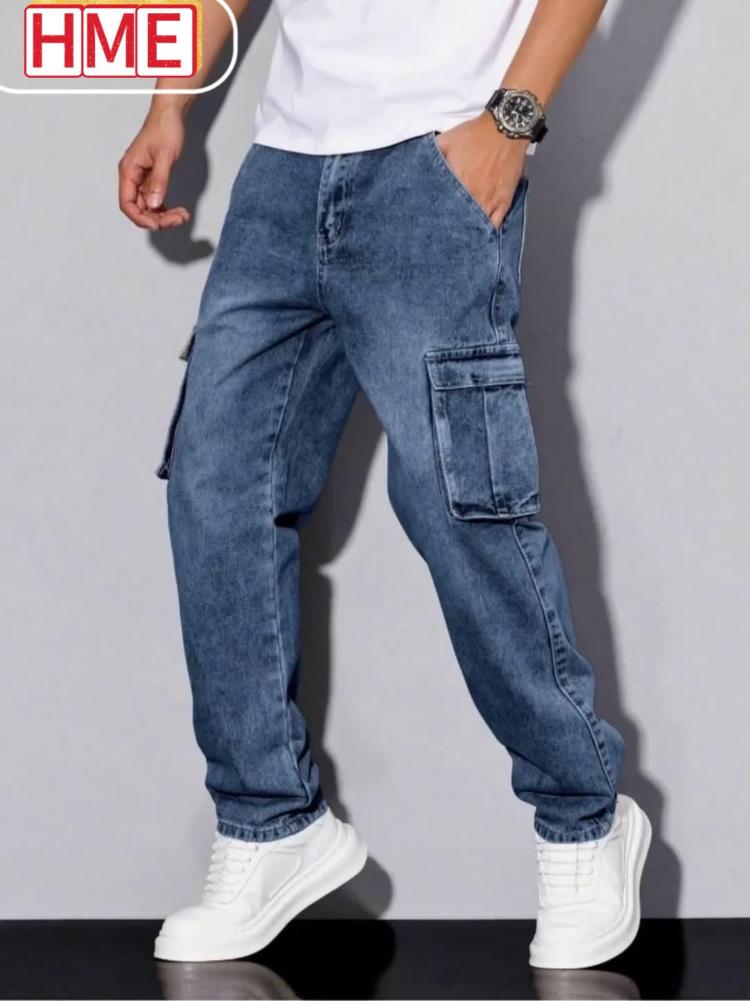 [Hme]Men'S Workwear Casual Loose Short Straight-Leg Jeans, Elastic Denim for Comfort And Relaxation, Heavy-Duty Washed Classic Western Denim in Retro Blue, Designer Multi-Pocket, Suitable for All Seasons, Machine Washable, Built-In YKK5 Zipper