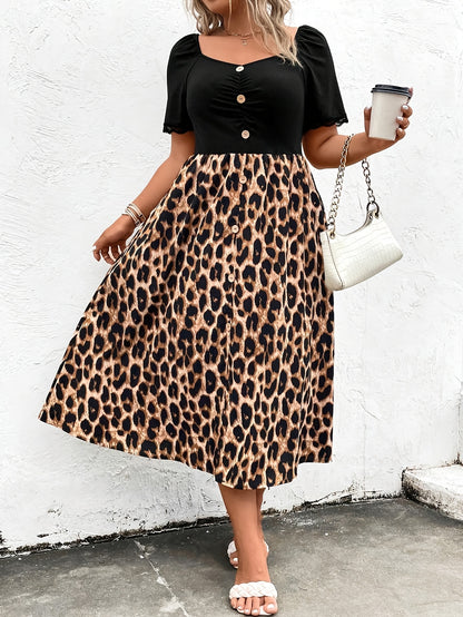 Plus Size Leopard Print Square Neck Midi Dress - Fitted Casual Elegant Machine Washable No-Stretch Fabric with Faux Buttons, Spring/Fall Women's Fashion Attire, Spring Fall Attire, Stylish Faux Buttons