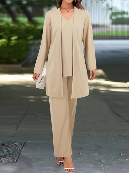 ZAFUL Women's Casual Business Long Sleeve Cardigan, V-Neck Vest Top, Straight Leg Trousers, Fashion Commuter Three-Piece Suit