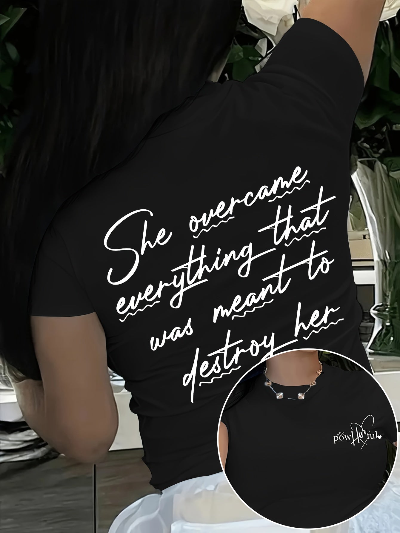 Short T-Shirt for Women with Inspirational Print - "She Overcomes Everything" Back Design, Casual Summer Top with Short Sleeves, Medium Stretch Crew Neck, Machine Washable, Motivational Text Design, Comfort Fit