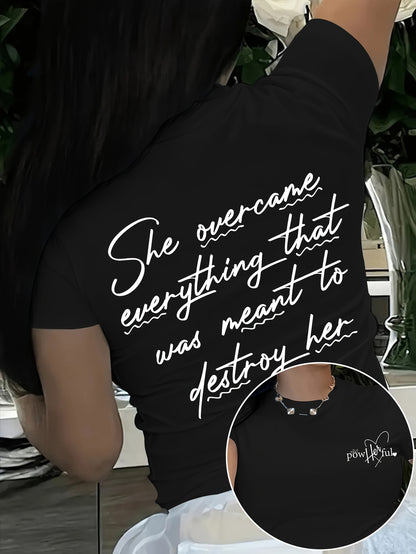 Short T-Shirt for Women with Inspirational Print - "She Overcomes Everything" Back Design, Casual Summer Top with Short Sleeves, Medium Stretch Crew Neck, Machine Washable, Motivational Text Design, Comfort Fit