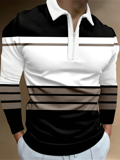 Men'S Long-Sleeve Polo Shirt with a Zip Collar, Featuring Stripes, Suitable for Spring And Autumn Fashion