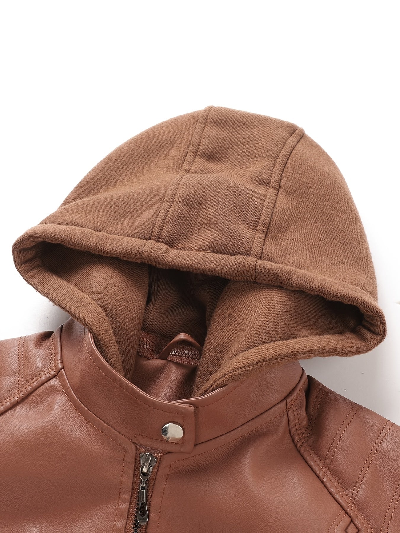 Women's Black Hooded PU Leather Jacket, Slim Fit Motorcycle Style Coat for Fall & Winter, Casual Windproof Outerwear with Removable Hood