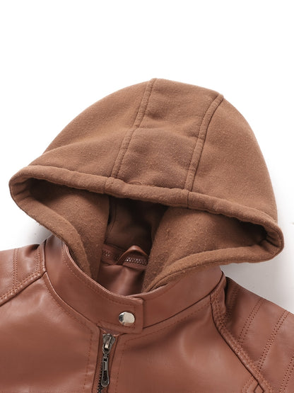 Women's Black Hooded PU Leather Jacket, Slim Fit Motorcycle Style Coat for Fall & Winter, Casual Windproof Outerwear with Removable Hood