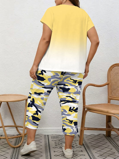 Plus Size, Spring/Summer Plus Size Women's 2pcs Set, Gradient Print And Queen Print, Round Neck Top with Capri Pants, Suitable for Home, Leis And Outings