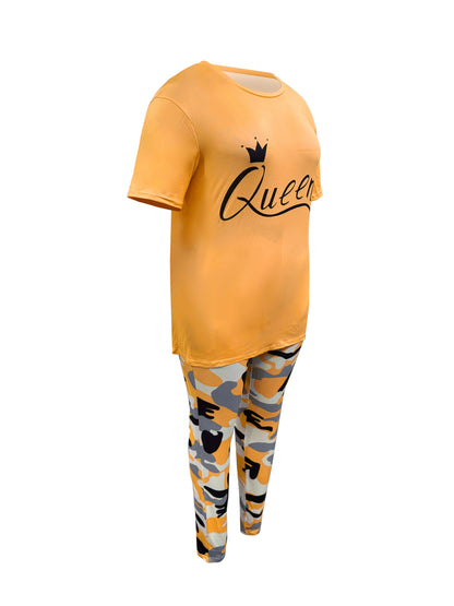 Plus Size - LADIES' Plus Size Daily Fashion Casual Set: Letter Print Crew Neck Short Sleeve T-shirt + Camouflage Long Pants With Pockets