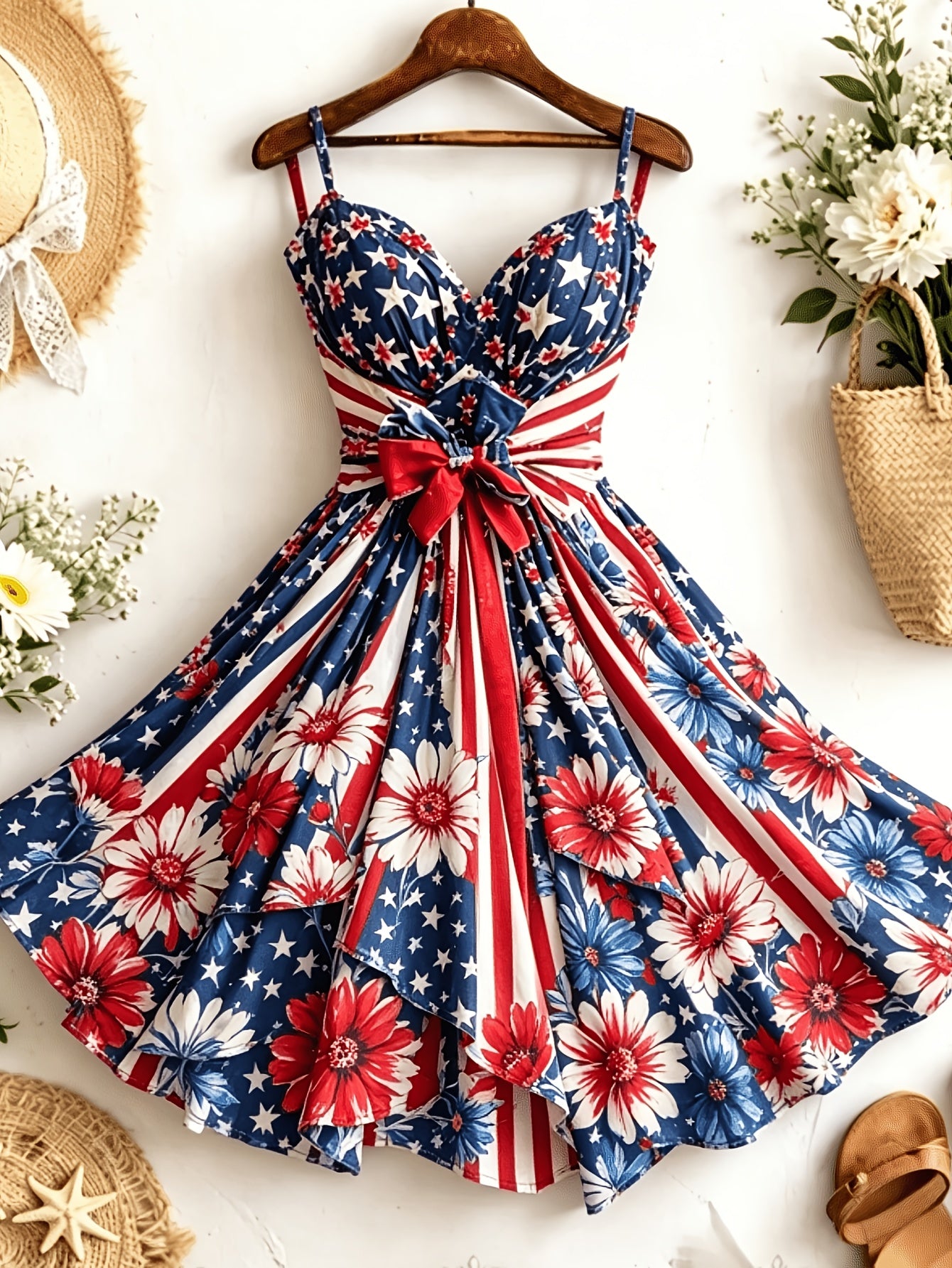 [Independence Day Style] Women's Retro Independence Day Style Camisole V-Neck Padded A-Line Waist Belted Fashion Dress