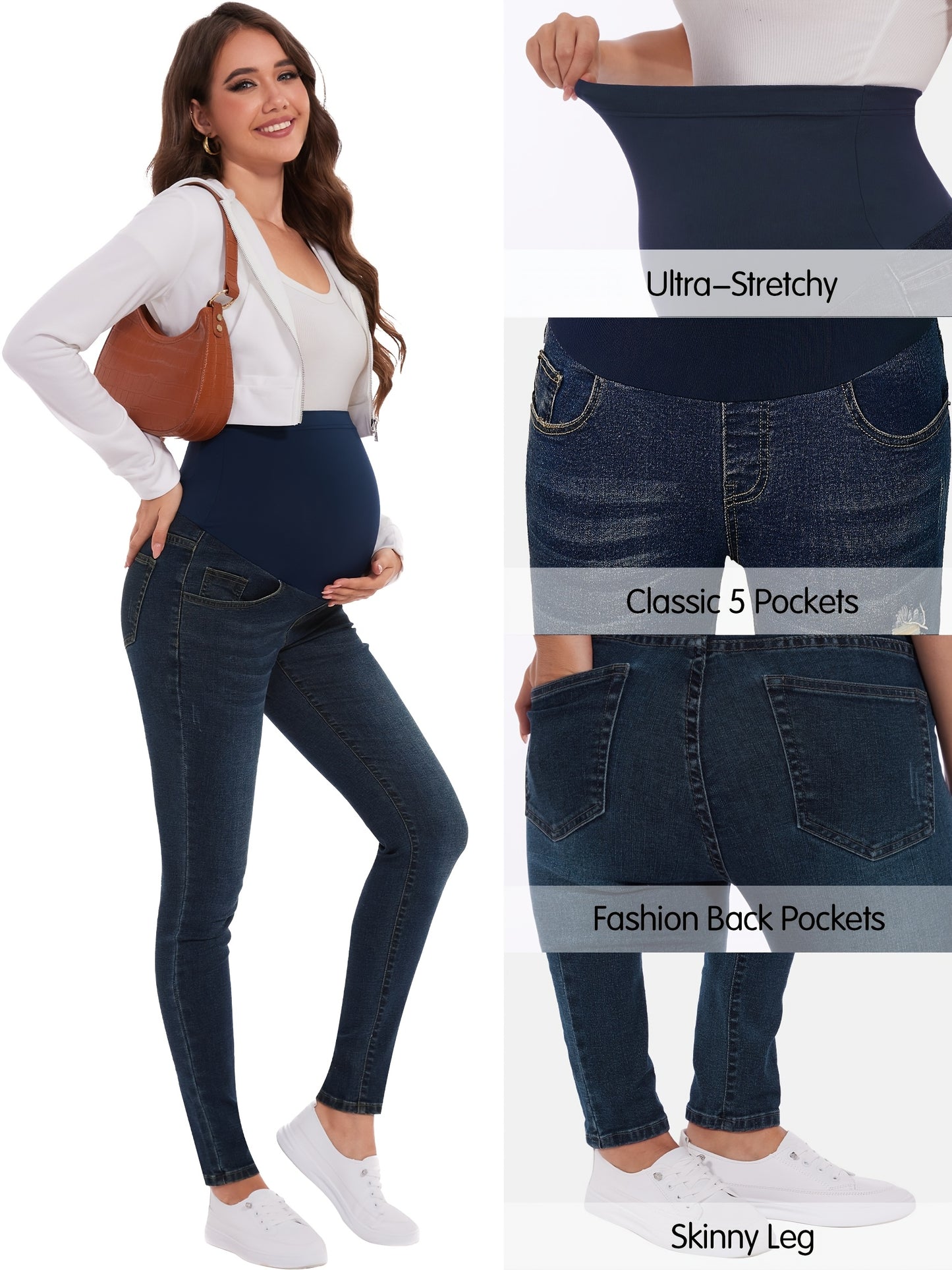 Women's Maternity Jeans Over The Belly Slim Stretchy High Waist Denim Skinny Pants with Pockets