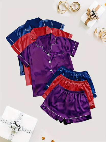 Black + Champagne + Pink Satin Short-Sleeve Shorts - product view 23