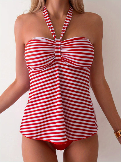 Swimsuits For Women, Tankini, Tankini Swimming Suits Women, Women'S Striped Halter Tankini 2pcs Set, Red And White, Swim Top With Side Tie Detail, High Waist Bottoms, Poolside & Beach Wear