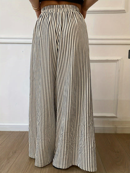 Casual Women'S Striped Wide-Leg Trousers Made Of, Featuring an Elastic Waistband, Machine Washable Fabric, Vertical Stripes, And Suitable for Comfortable Wear Throughout The Year