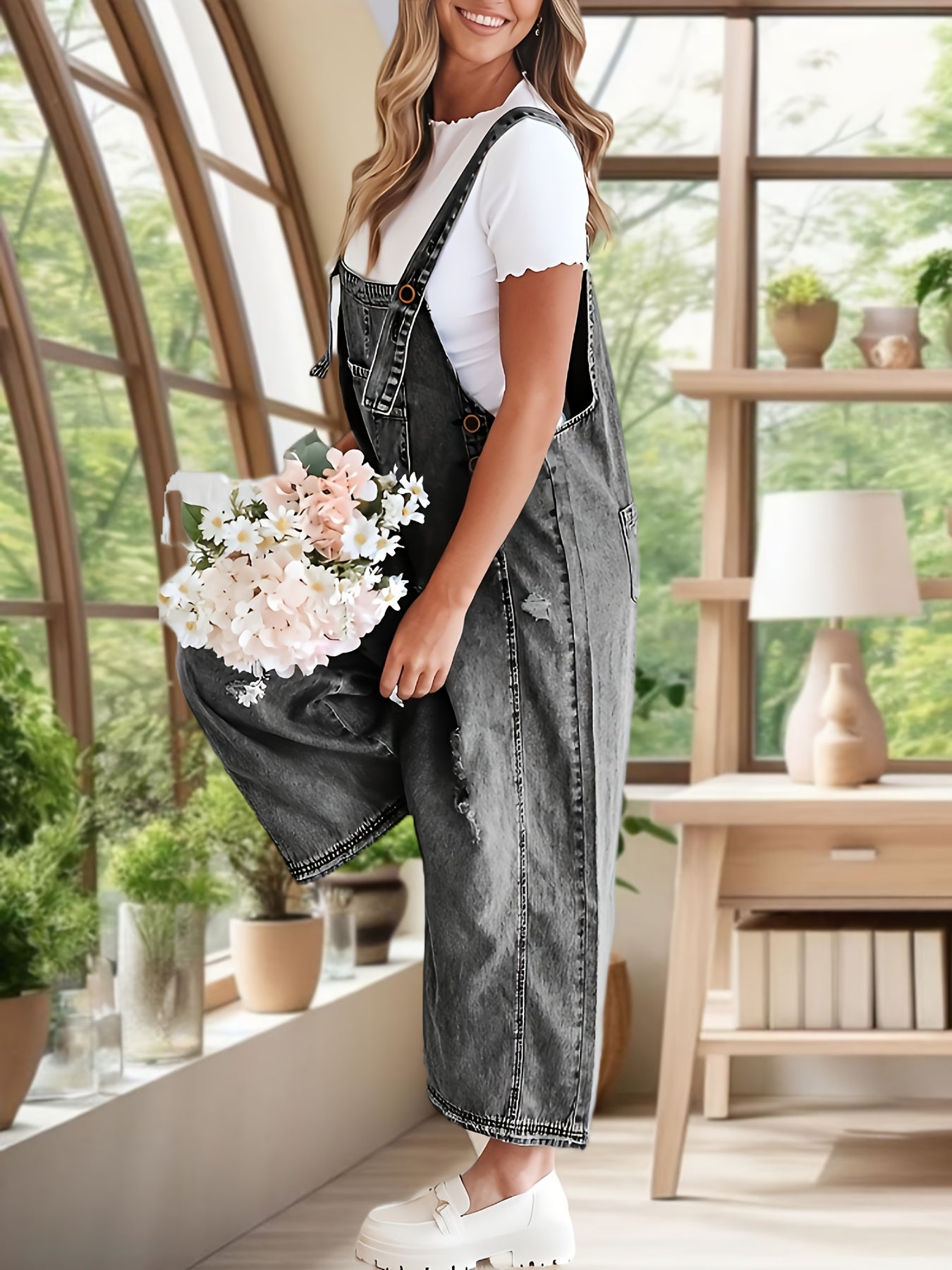 Women's Casual Denim Overalls Loose Adjustable Strap Distressed Bib Jeans Overall Jumpsuits with Pocket