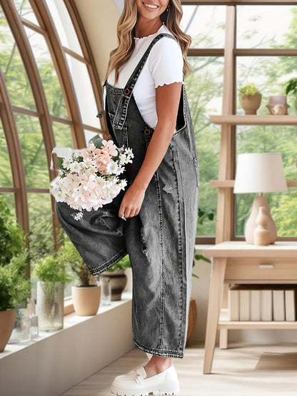 Women's Casual Denim Overalls Loose Adjustable Strap Distressed Bib Jeans Overall Jumpsuits with Pocket