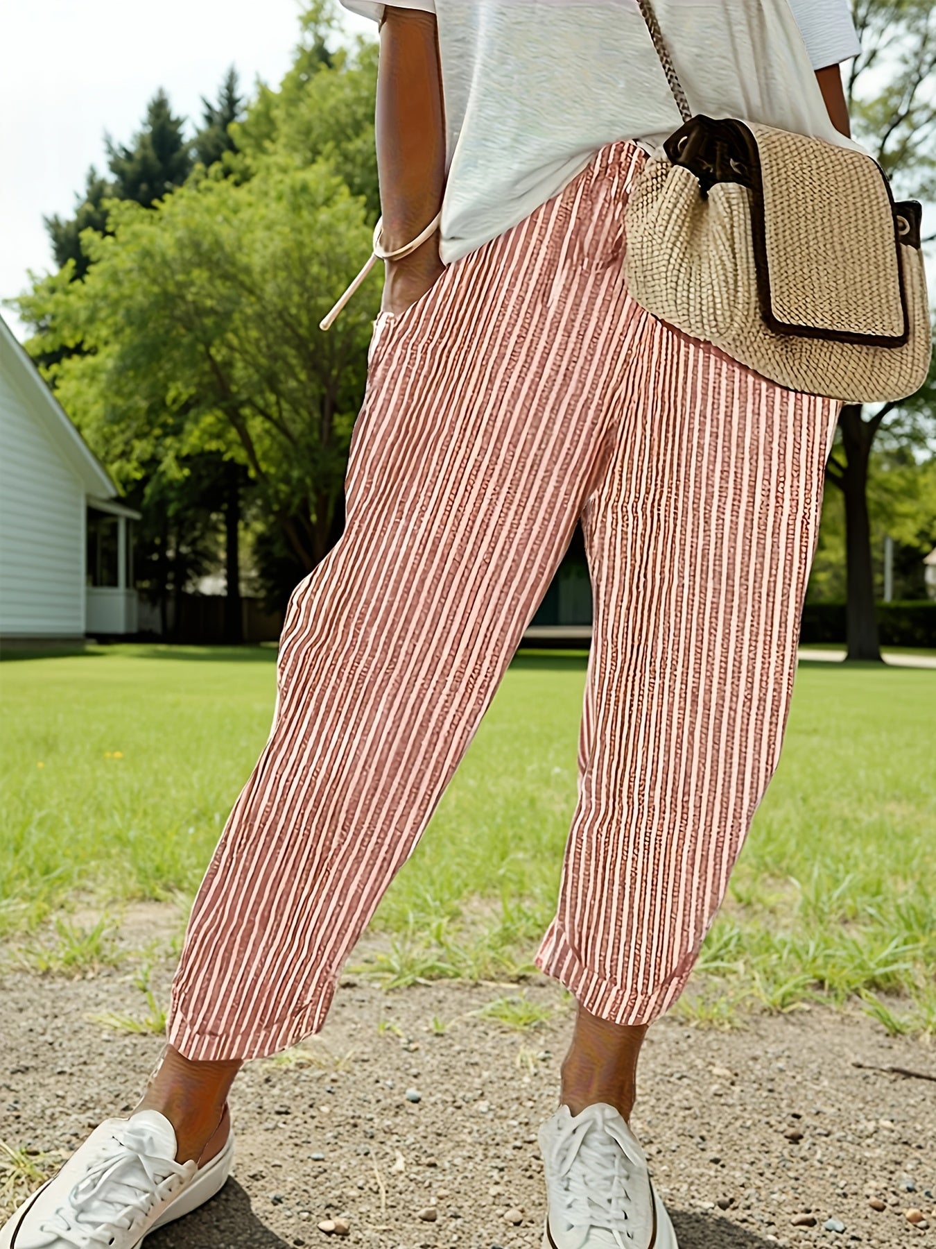 Women's High-Waisted Casual Wide Leg Pants - Lightweight Polyester, Machine Washable, All-Season Comfort with Side Stripe Detailing, 3/4 Length Relaxed Fit for Casual Attire, Comfy Pants, Versatile Wardrobe Staple, Stylish Stripe Detailing, Durable Constr